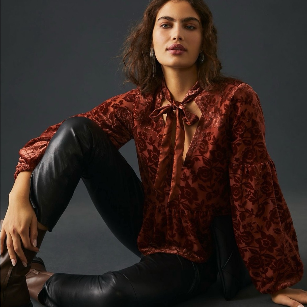 NEW WITH TAGS Anthropologie Velvet Tie-Neck Floral Blouse